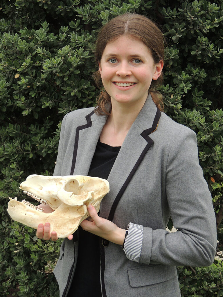 Headshot of Katherine Brunson holding a domesticated pig skull